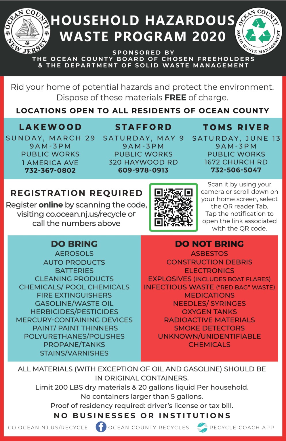 2020 Household Hazardous Waste Schedule Borough of Point Pleasant