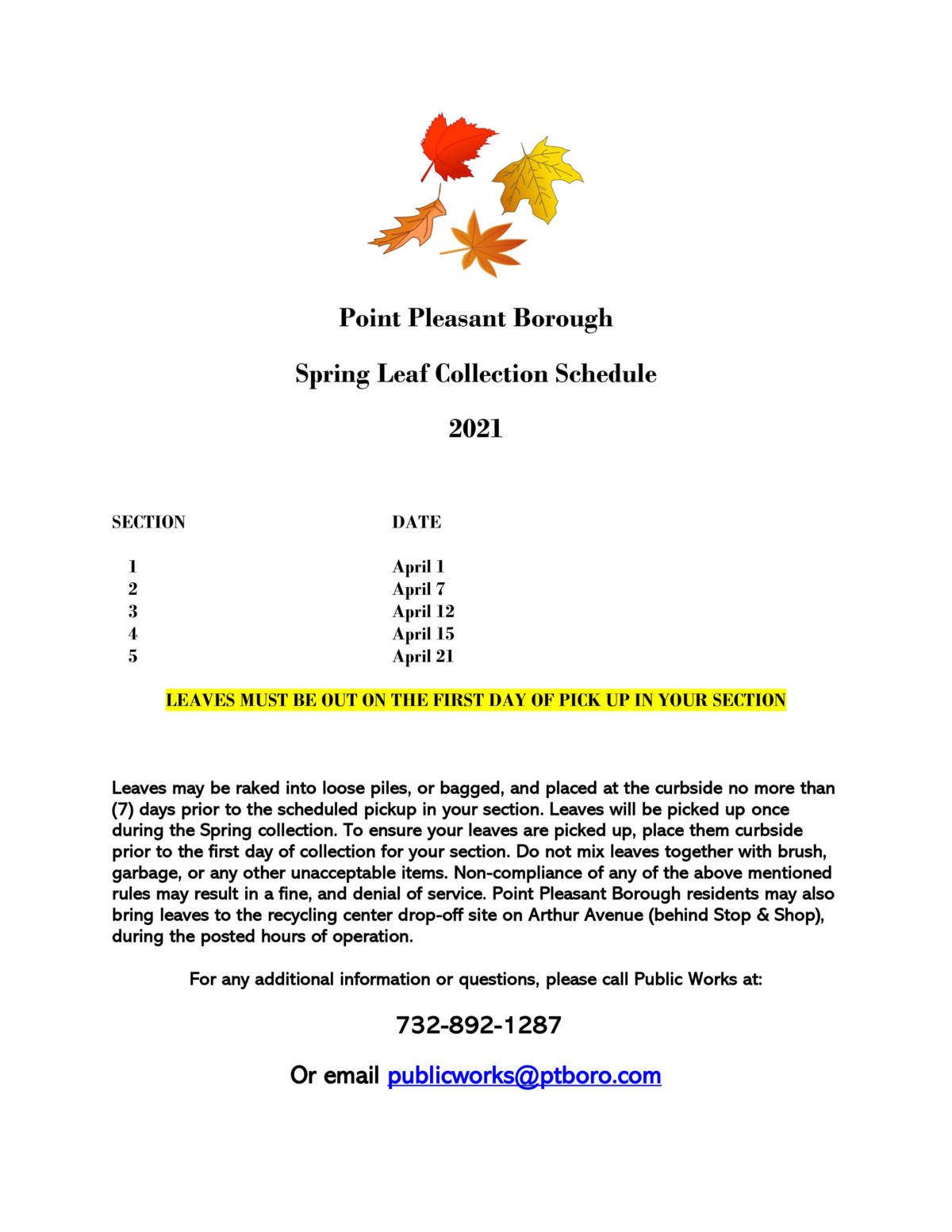 Spring 2021 Leaf Pickup Schedule Borough of Point Pleasant