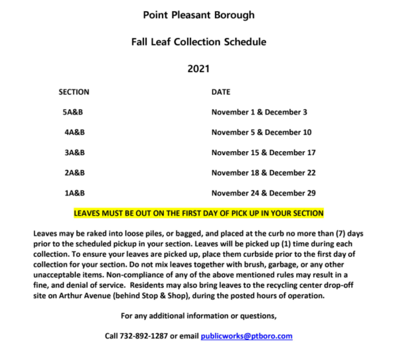 Fall 2021 Leaf Collection Schedule - Borough of Point Pleasant